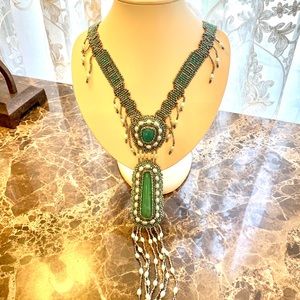 Turquoise, Deerskin, Seed Bead Necklace Made in US
